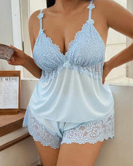 Plus Size Lace Satin Cami Pajama Set – Sexy Two-Piece Sleepwear for Women