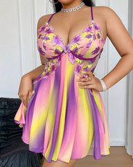 Plus Size Rainbow Ombre Backless & Floral Camisole Nightgown