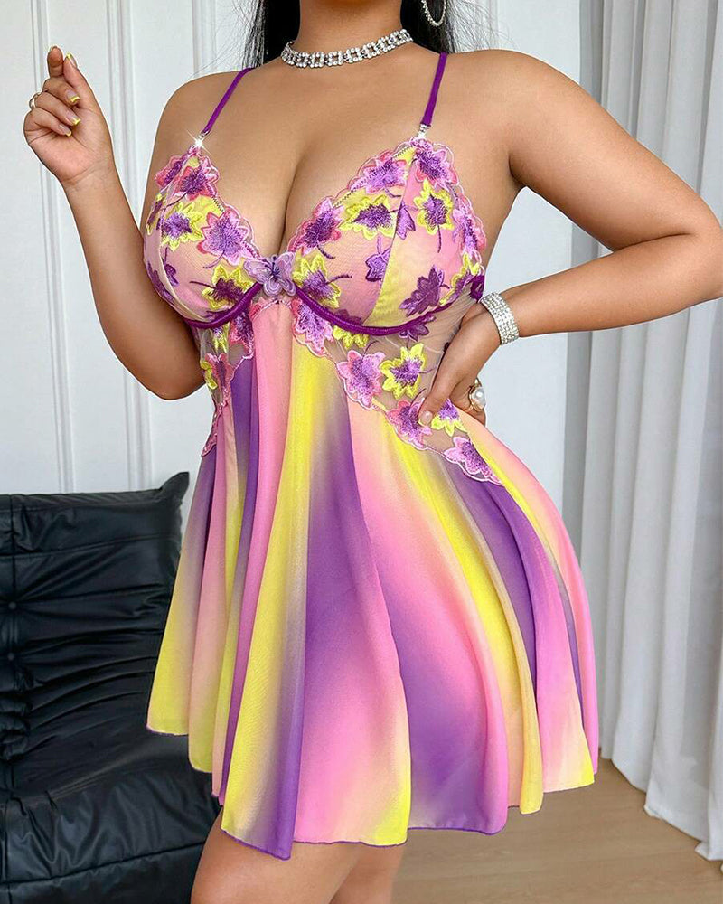 Plus Size Rainbow Ombre Backless & Floral Camisole Nightgown