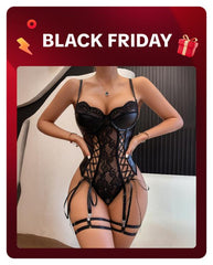 Women's PU Lace Up Hollow Out Underwire Lingerie Contrast Lace Teddy Bodysuit