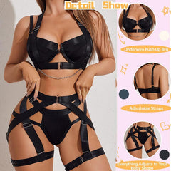 Strappy Underwire Push Up Lingerie Set with Garter & Chain