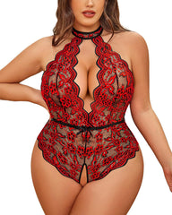Plus Size Lace Teddy – Halter Crotchless Bodysuit for Curves