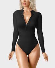 Ribbed Snached Waist Half-Zip Long Sleeve Bodysuit