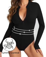 Ribbed Snached Waist Half-Zip Long Sleeve Bodysuit