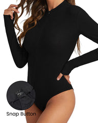 Ribbed Snached Waist Half-Zip Long Sleeve Bodysuit